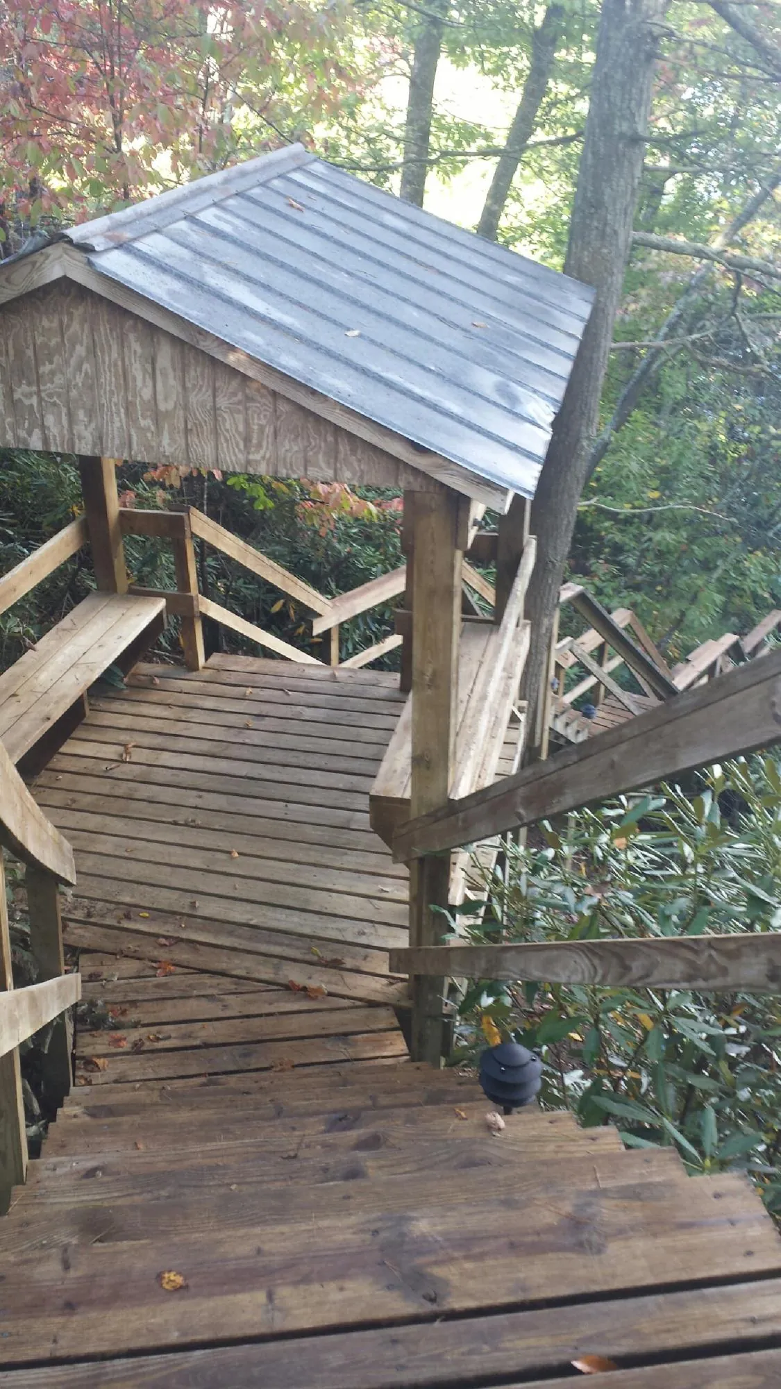 Metal roofed shelter over wooden steps on a wooded walkway — Skylight Repair & Installation work by our crew in Carson City